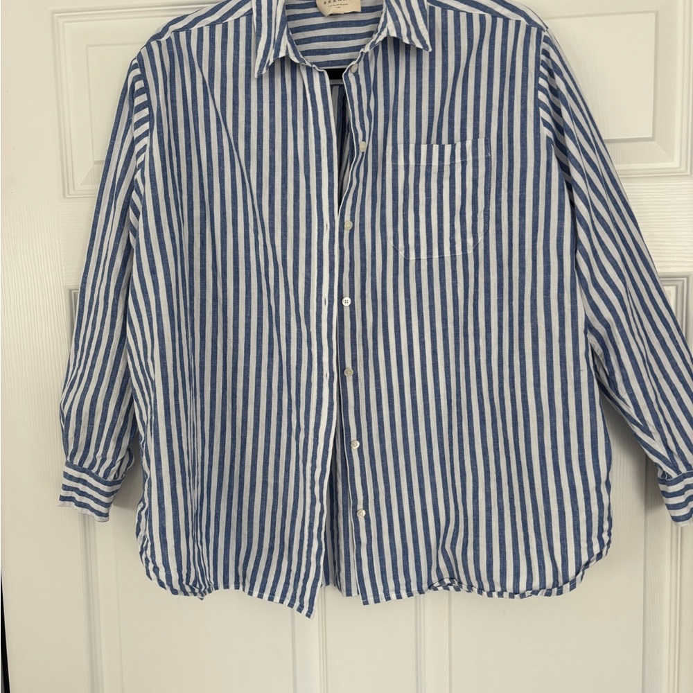 Sezane Max Shirt in Blue and White Stripe